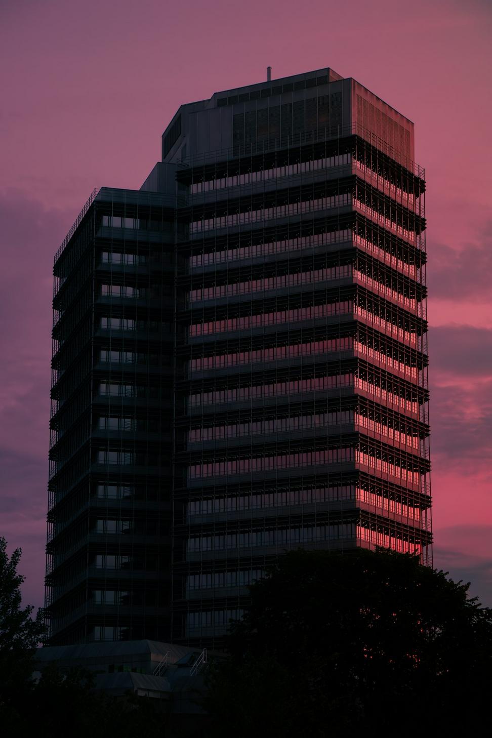 Modern residential design at sunset